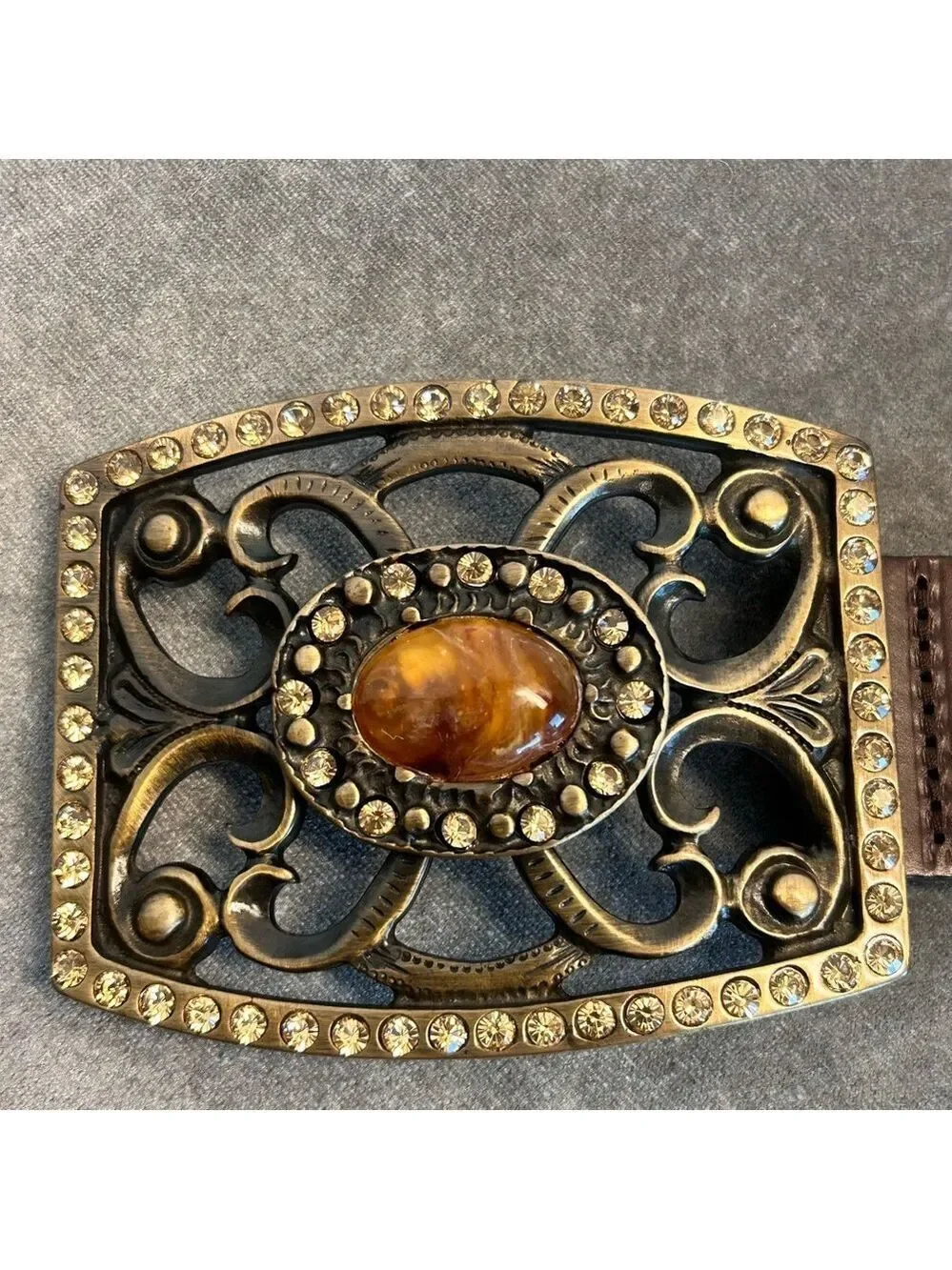 Barbara & Company brown genuine leather crystal rhinestone amber stone belt S
